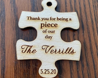 Wooden Puzzle Piece Wedding Favor - Laser Engraved with Name, Date, & Optional Magnet