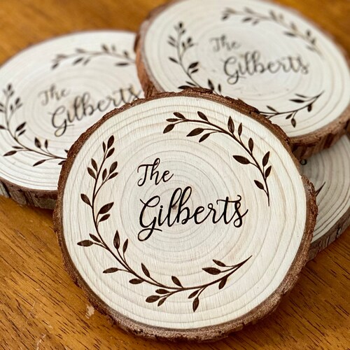 Custom Family Name Engraved Wood Coaster Set Laser Engraved Etsy
