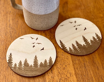 Engraved Wood Coaster Set: Pine Tree & Birds Silhouette