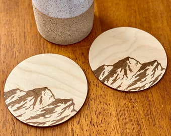 Laser Engraved Mountain Wood Coaster Set - Baltic Birch