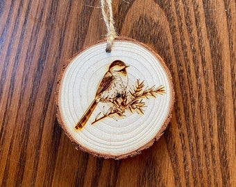 Chickadee Engraved Wood Christmas Ornament - Personalized Engraved Wood Slice Christmas Ornament