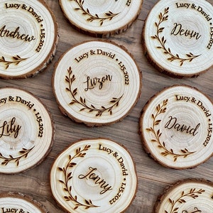 Custom Wood Slice Wedding Favors - Laser Engraved with Couple&#39;s Names, Wedding Date, Guest Name, & Leaf Border
