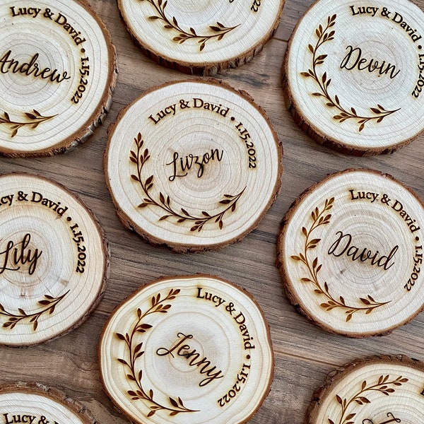 Custom Wood Slice Wedding Favors - Laser Engraved with Couple's Names, Wedding Date, Guest Name, & Leaf Border