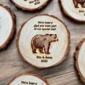 Custom Wood Slice Wedding Favors - Laser Engraved with Couple's Names, Wedding Date, & Bear