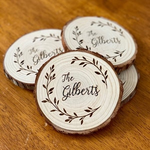 Custom Wood Slice Wedding Favors - Laser Engraved with Custom Message & Leaf Border