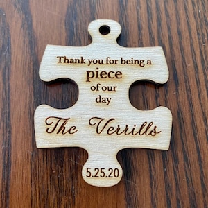 Wooden Puzzle Piece Wedding Favor - Laser Engraved with Name, Date, & Optional Magnet