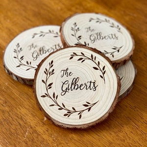 Custom Name Engraved Wood Coaster Set - Perfect Valentine&#39;s Day, Wedding, Engagement, Anniversary, or Christmas Present