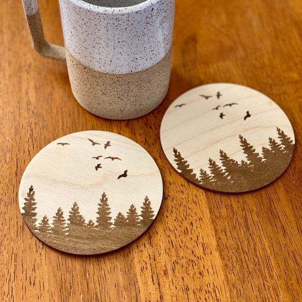 Pine Tree & Birds Engraved Wood Coaster Set - Laser Engraved Trees and Birds Silhouettes on Each Wood Coaster