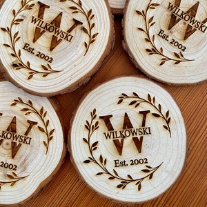Engraved Monogram Wood Coaster Set - Engraved Wood Family Name Coasters - Perfect Wedding, Engagement, Anniversary, or Christmas Present