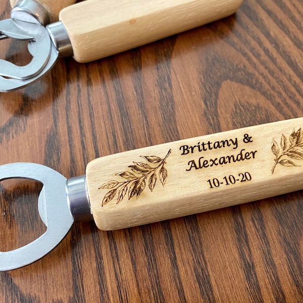 Wood Bottle Opener Wedding Favor - Laser Engraved with Names, Date, and Leaf Design - Stainless Steel and Wood Construction