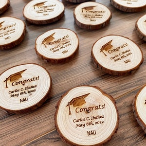 Wooden Graduation Favor or Save The Date - Laser Engraved Wood Slice with Name, Graduation Year, & Magnet