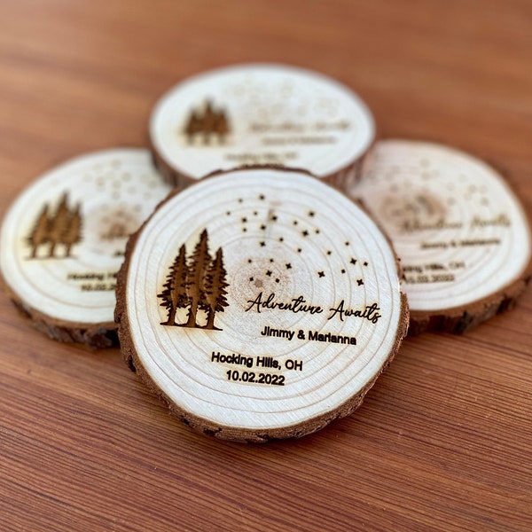 Custom Wood Slice Wedding Favors - Laser Engraved with Couple's Names & Wedding Date