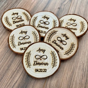 Custom Wood Slice Wedding Favor or Save The Date - Laser Engraved with Names, Date, & Magnet