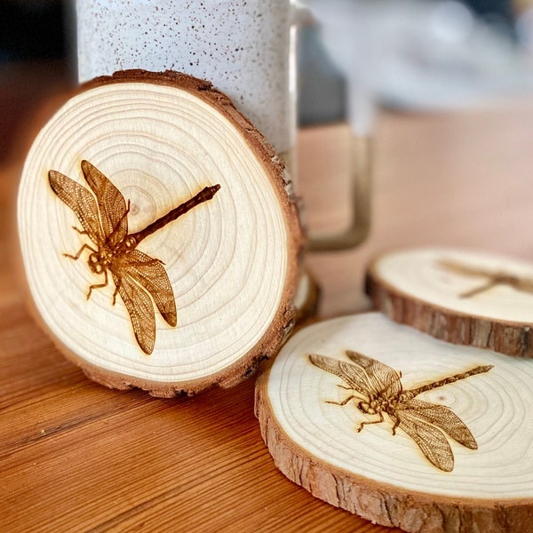 Dragonfly Engraved Wood Coaster Set - Perfect Gift for Wedding, Engagement, Anniversary, or Christmas