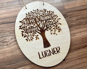 Wood Family Name Sign - Laser Engraved Wooden Family Tree Sign - Gift for Housewarming, Wedding, Anniversary, or Valentine's Day