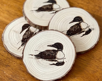 Loon Engraved Wood Coasters - Wooden Engraved Wedding Favors