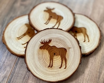 Moose Engraved Wood Coaster Set - Perfect Gift for Wedding, Engagement, Anniversary, or Christmas