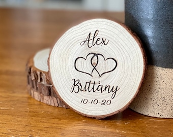 Custom Wood Slice Wedding Favors - Laser Engraved with Names, Heart Design, and Date