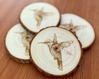 Hummingbird Engraved Wood Coaster Set - Perfect Gift for Wedding, Engagement, Anniversary, or Christmas