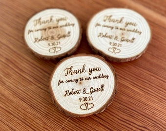 Custom Engraved Wood Slice Wedding Favor - Laser Engraved with Names, Date, & Magnet