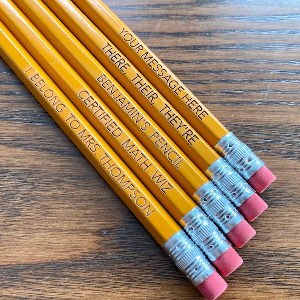 Personalized #2 Pencils - Engraved Custom Text Pencils with Rubber Erasers and Pre-sharpened Tips