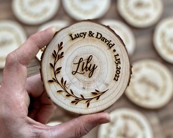 Wood Wedding Place Settings - Laser Engraved with Couple's Names, Wedding Date, Guest Name, & Leaf Border