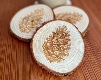 Pine Cone Engraved Wood Coaster Set - Perfect Gift for Wedding, Engagement, Anniversary, or Christmas