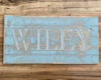 Custom Family Name Sign - Engraved Wood Personalized Sign - Rustic Shiplap Washed Style