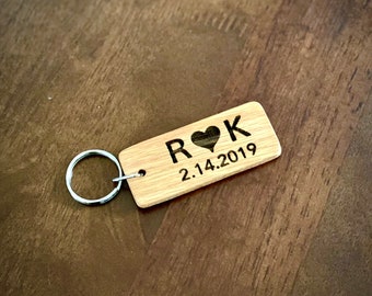 Personalized Name, Year, & Heart Engraved Wood Keychain - Makes a Great Anniversary, Engagement, Wedding, Christmas, or Valentine's Day Gift
