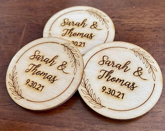 Custom Engraved Wood Wedding Favor or Save The Date - Laser Engraved with Names, Date, & Magnet