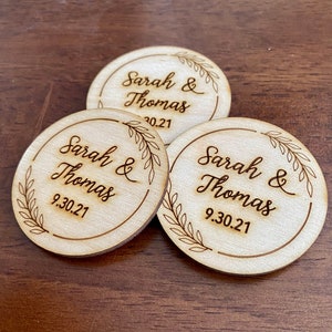 Custom Engraved Wood Wedding Favor or Save The Date - Laser Engraved with Names, Date, & Magnet