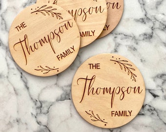 Custom Family Name Engraved Wood Coaster Set - Laser Engraved Name Coasters - Perfect Valentine's Day Gift