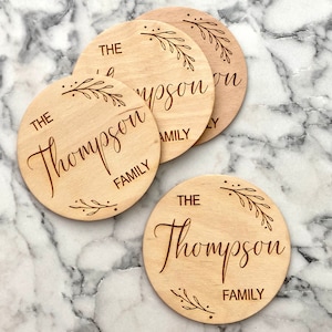 Custom Family Name Engraved Wood Coaster Set - Engraved Name Coasters - Perfect Newlywed & Wedding Gift