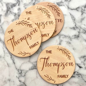 Custom Family Name Engraved Wood Coaster Set - Engraved Name Coasters - Perfect Newlywed & Wedding Gift