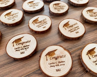 Wooden Graduation Favor or Save The Date - Laser Engraved Wood Slice with Name, Graduation Year, & Magnet