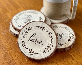 Engraved Wood Slice Coaster Set: Faith, Hope, Love