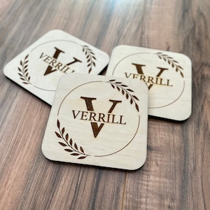 Engraved Monogram Wood Coaster Set - Engraved Family Name Coasters - Perfect Wedding Gift