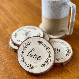 Faith, Hope, Love Engraved Wood Coaster Set - Great Housewarming, Graduation, or Christmas Gift