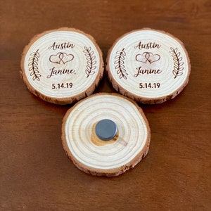 Custom Wood Slice Wedding Favor or Save The Date Laser Engraved with Names, Date, & Magnet image 3