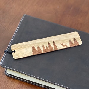 Pine Tree & Deer Engraved Wood Bookmark with Personalized Message - Handmade Wood Bookmark