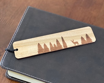 Pine Tree & Deer Engraved Wood Bookmark with Personalized Message - Handmade Wood Bookmark