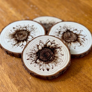 Wood Sunflower Coasters - Engraved Wooden Wedding Favor Coasters