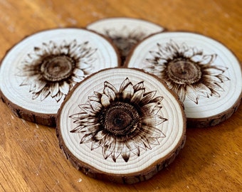 Sunflower Engraved Wood Slice Coaster Set