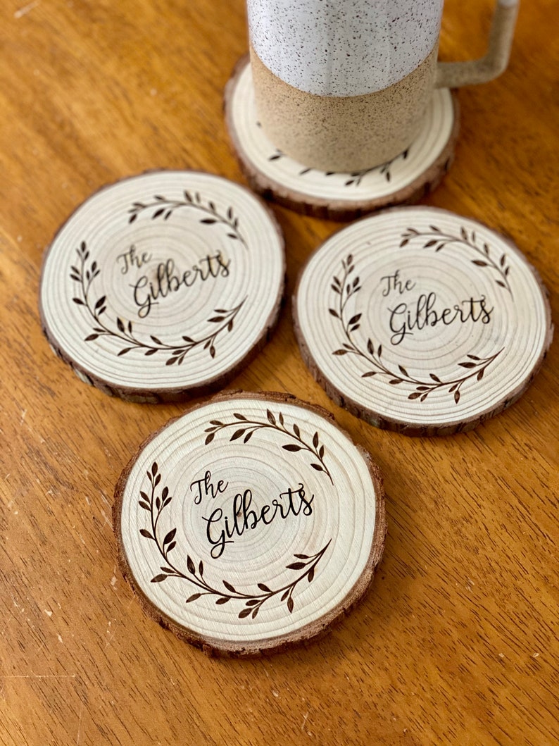 Custom Name Engraved Wood Coaster Set Perfect Valentine's Day, Wedding, Engagement, Anniversary, or Christmas Present image 2