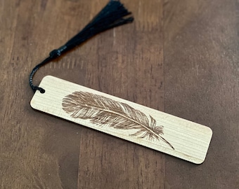 Feather Engraved Wood Bookmark with Optional Personalization - Handmade Wood Bookmark