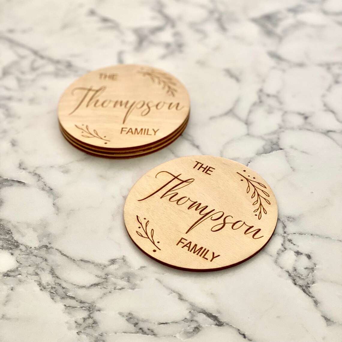 Custom Family Name Engraved Wood Coaster Set Laser Engraved Etsy