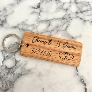 5 Year Anniversary Engraved Wood Keychain - Gift for Him or Her - Oak Laser Engraved Keychain