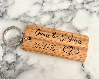 5 Year Anniversary Engraved Wood Keychain - Gift for Him or Her - Oak Laser Engraved Keychain