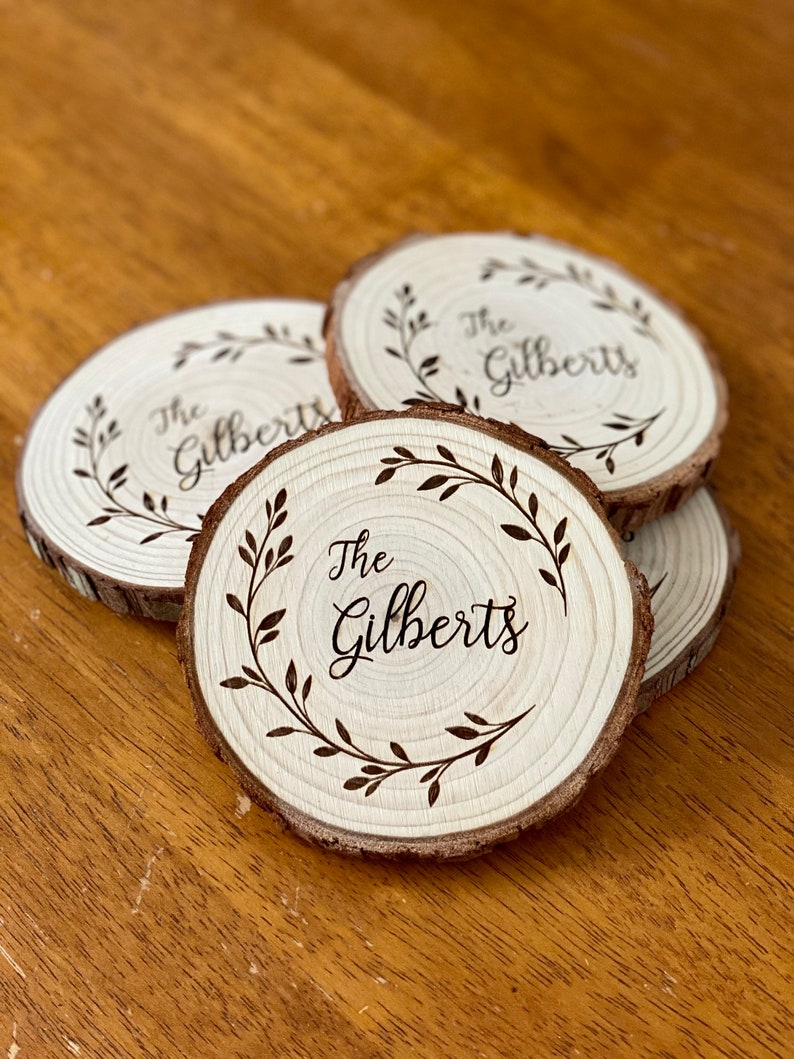 Custom Name Engraved Wood Coaster Set Perfect Valentine's Day, Wedding, Engagement, Anniversary, or Christmas Present image 1