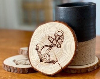 Anchor Engraved Wood Coaster Set - Perfect Gift for Wedding, Engagement, Anniversary, or Christmas